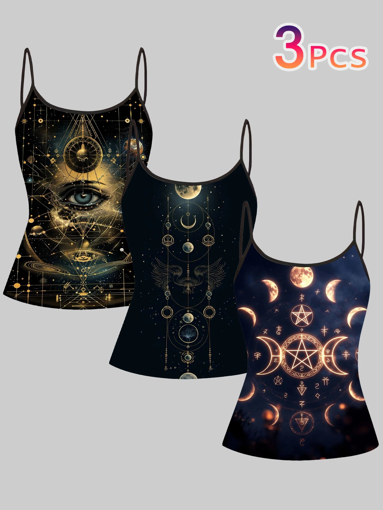 3-Piece Set of Mysterious Astrology Star and Moon Magic Symbol Printed Camisole Tops for Women, Dark Universe Celestial Body Slim-Fit Sleeveless Hot Girl Inner Wear Tops