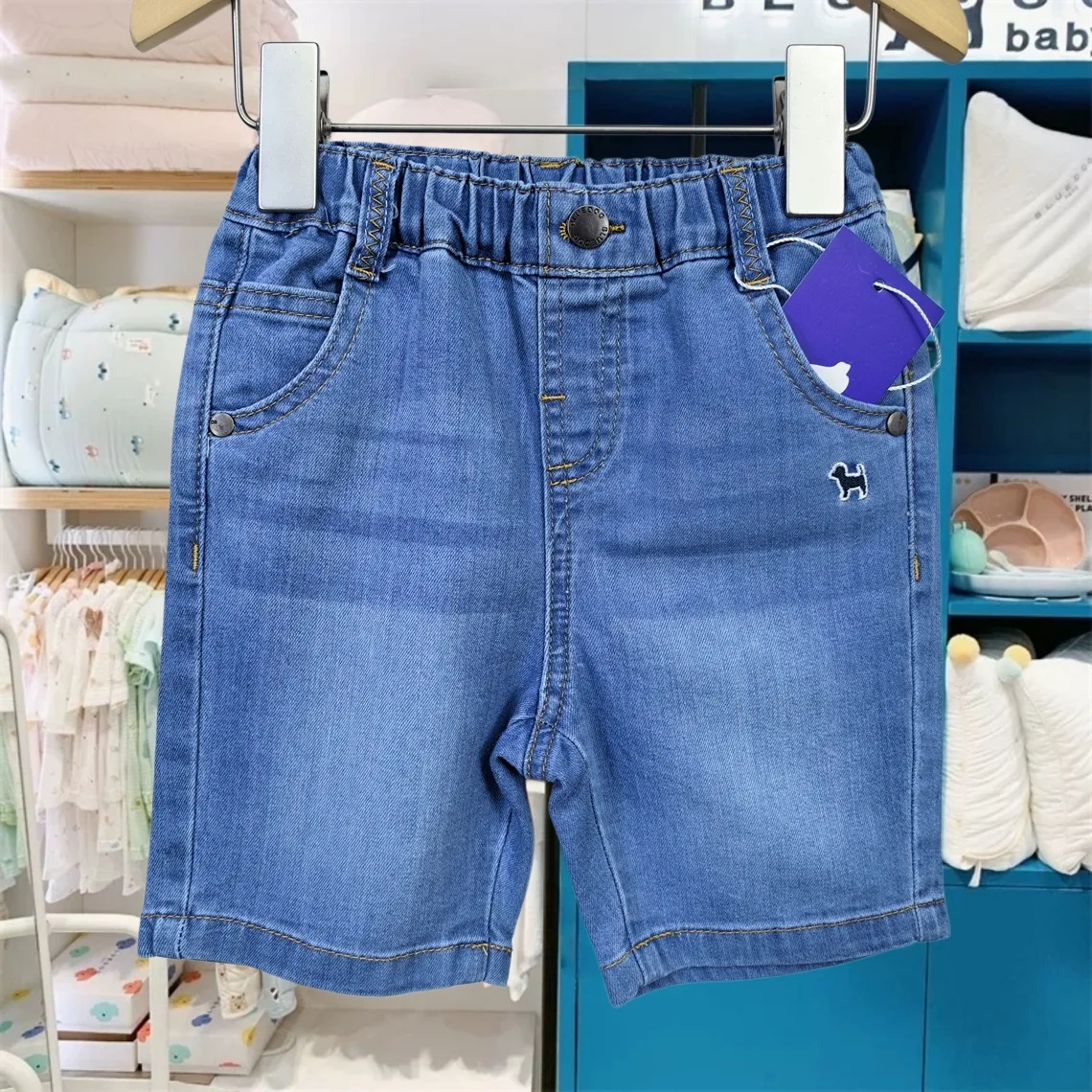 Baby Boys Elastic Waist Denim Shorts Casual Cotton Blue Jeans Shorts with Dog Embroidery for Toddler Boys