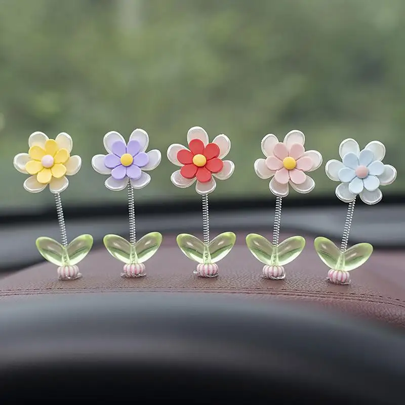 5pcs Mini Flower Car Dashboard Ornaments Center Console Decor Dancing Head Rocking Flower Interior Pendant Car Accessories