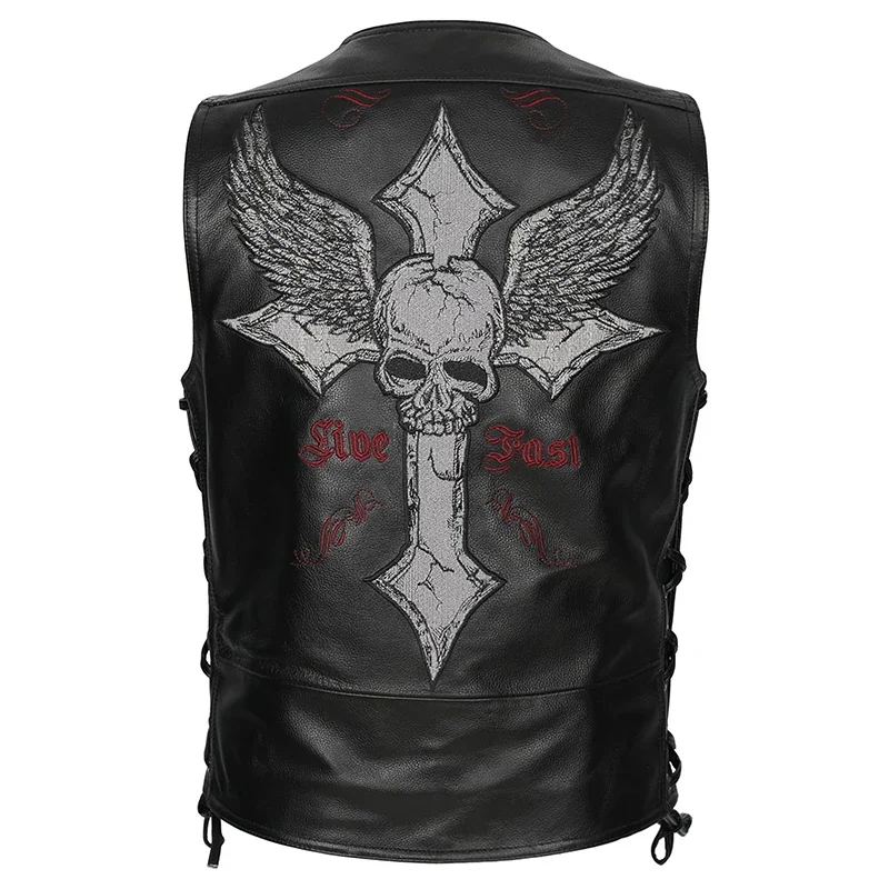 New Skull Embroidered Leather Waistcoat Men's Natural Cowhide Real Leather Slim Motor Vest Cross Motorcycle Biker Vest