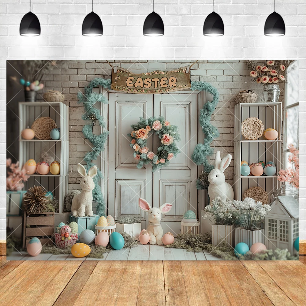 Toile de fond de porte de grange de printemps, guirxiété d'oeufs de Pâques, lapin pour enfants, adultes, anniversaire, fête de famille, photographie personnalisée, décor d'affiche