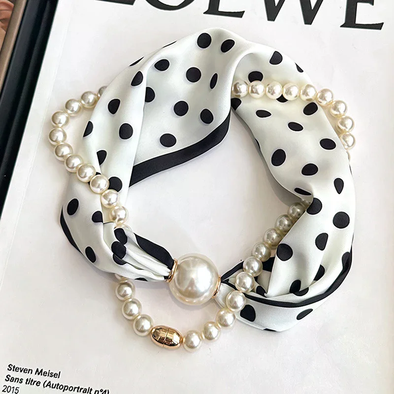 Magnetic Narrow Elegant Satins Neck Scarf Wrap With Pearls Chain Necklace And Buckle For Women Vintage Floral Silk Neckerchief