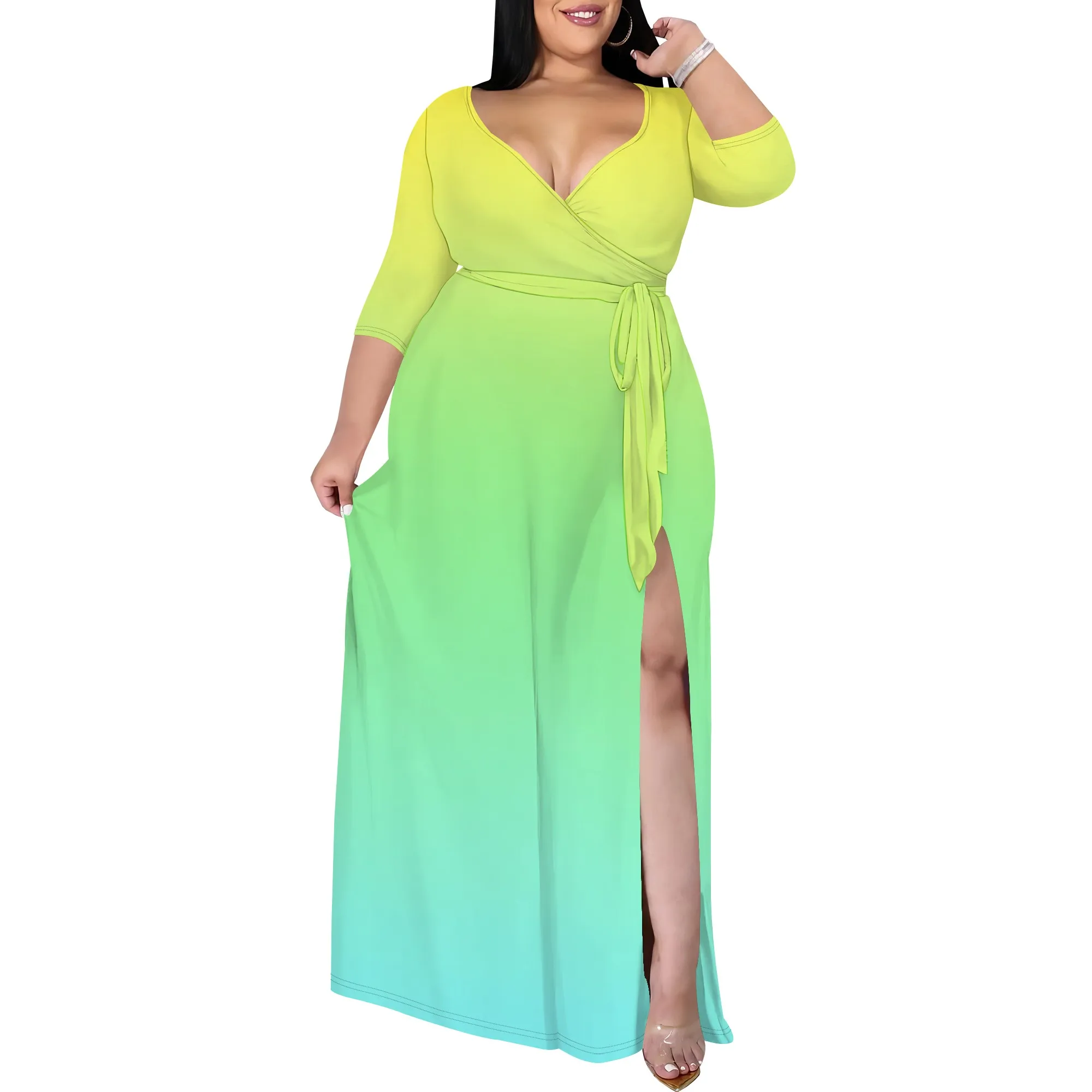 Abiti taglie forti per donne curve Abito lungo casual lungo con scollo a V Manica fluida a 3/4 con cintura Abito estivo da spiaggia Vita impero