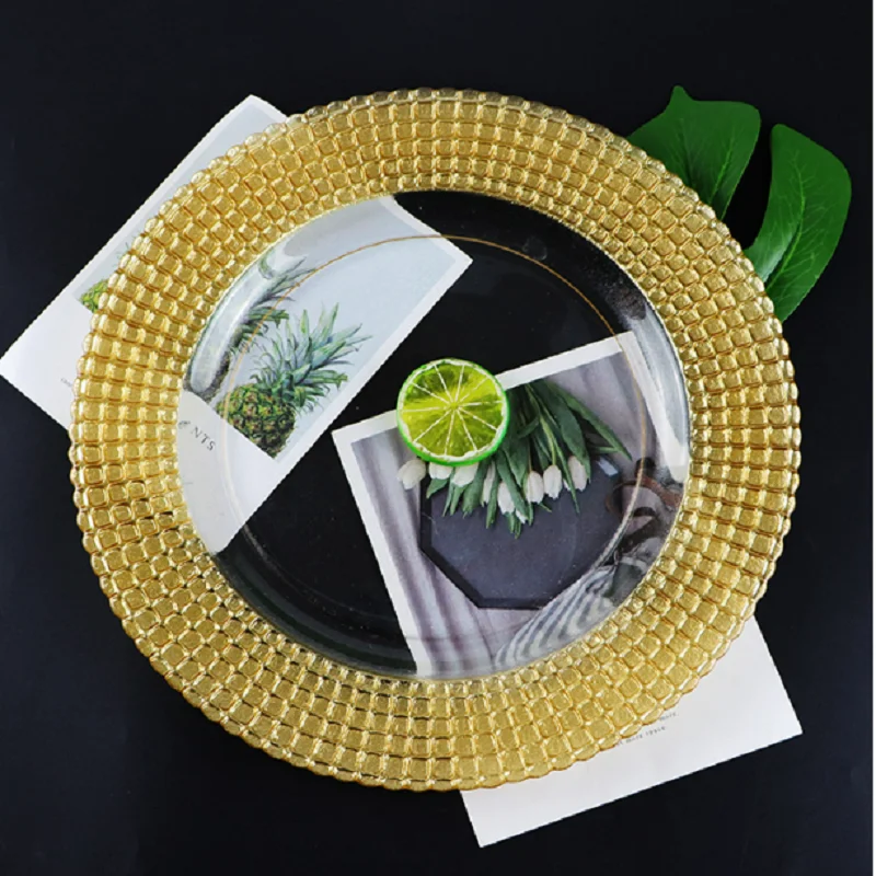 100pcs/Lot 13 Inch Gold Plastic Beaded Charger Plates Wholesale Dinner Elegent Pearl Dish Decorative Salad Wedding Plates