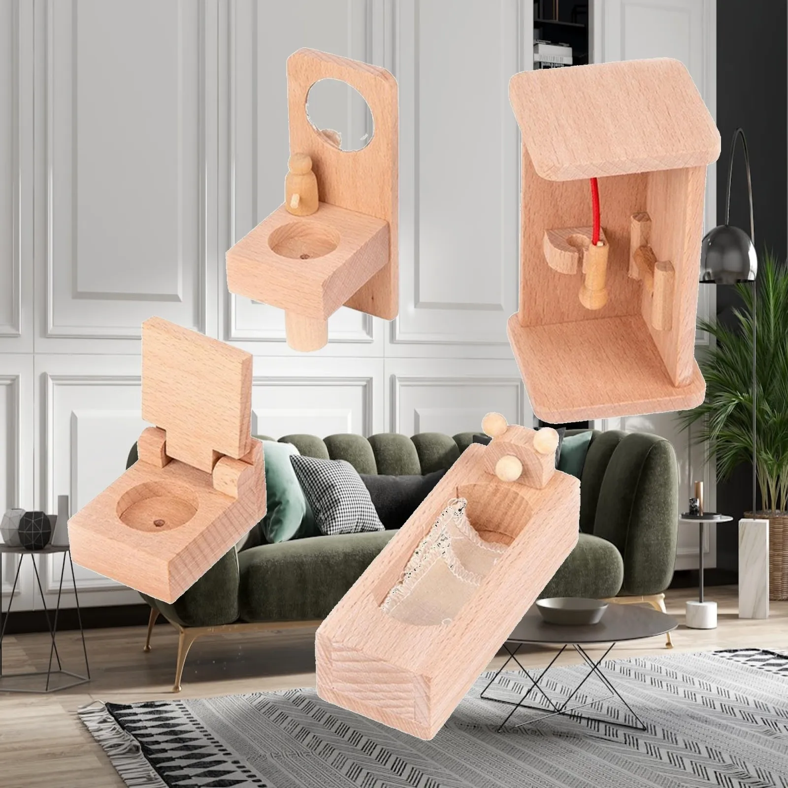 Miniature Wooden Kitchen Furniture Dollhouse Set Children Play House Toy for Fun Pretend Cooking
