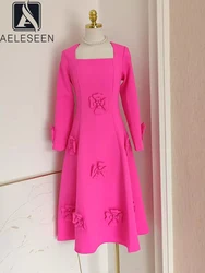 AELESEEN Runway Fashion Rose Red Dress Women Autumn Full Sleeve Square Collar 3D Appliques High Waist Elegant Long Paert