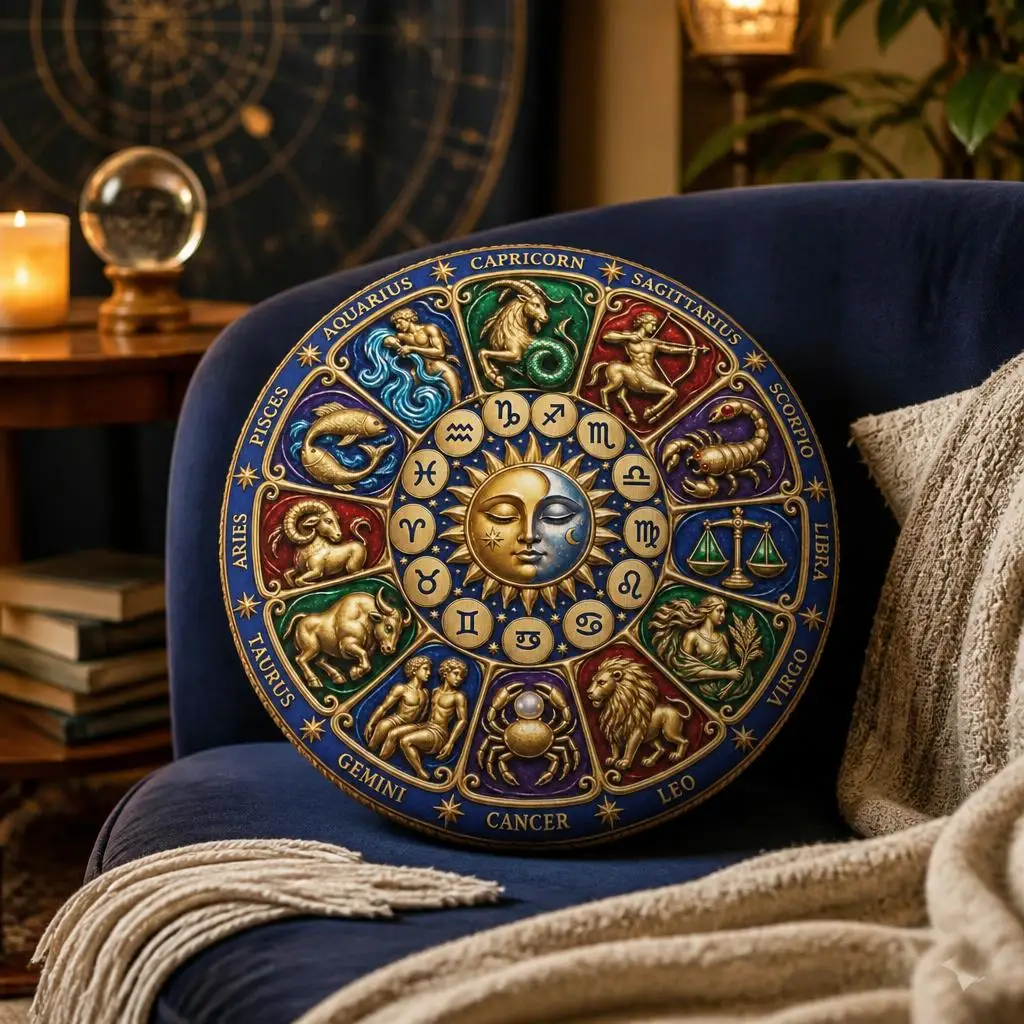 Zodiac Wheel Astrology Shaped Throw Pillow Sun Moon Horoscope Cushion for Sofa Bedroom Home Decor Astrology Lover Gift