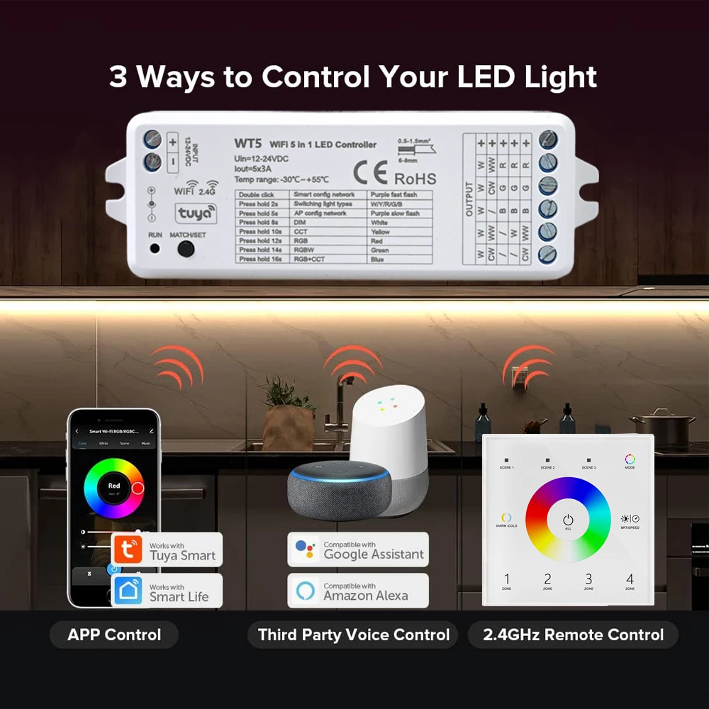 WT5 WiFi RGB+CCT Light LED Controller 12V 24V RF 4-zone Wall Mounted Touch Remote Tuya Smart Life APP for Alexa Google Assistant