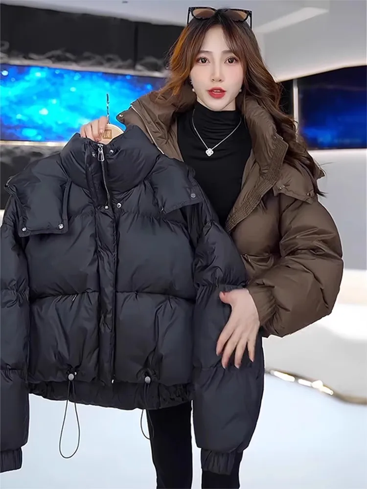 

Women's ort Puffer Cotton Jaet Winter Thiened Bread Sle Coat Korean Version Loose Fit Nylon Fabric Hooded Zipper Closure