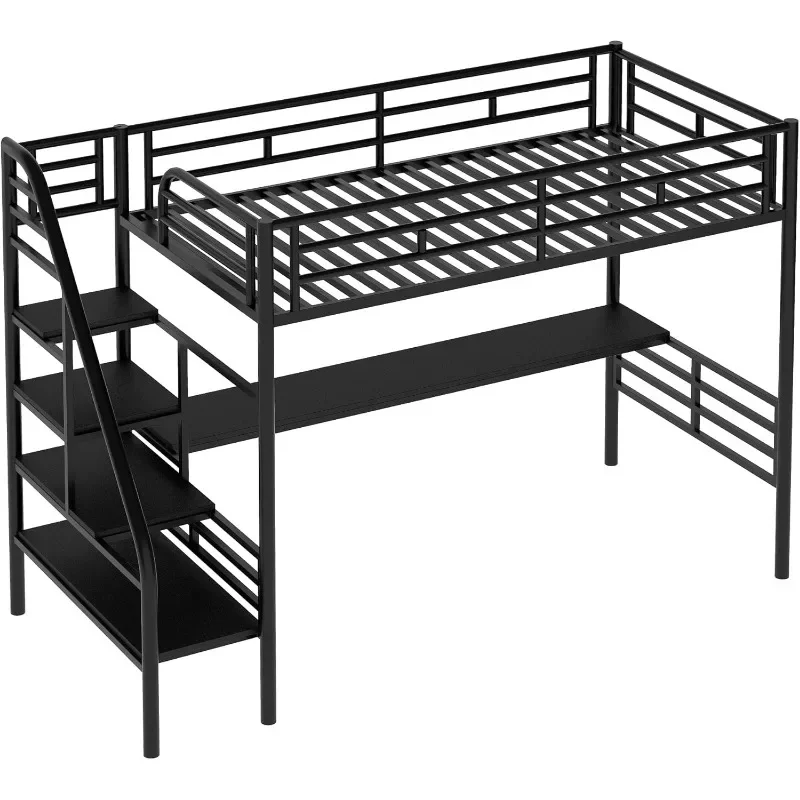 Etagen bett mit Schreibtisch und Stauraum treppe, Hochleistungs-Hochbett mit Leitplanken und langem Schreibtisch, Etagen bett für Kinder