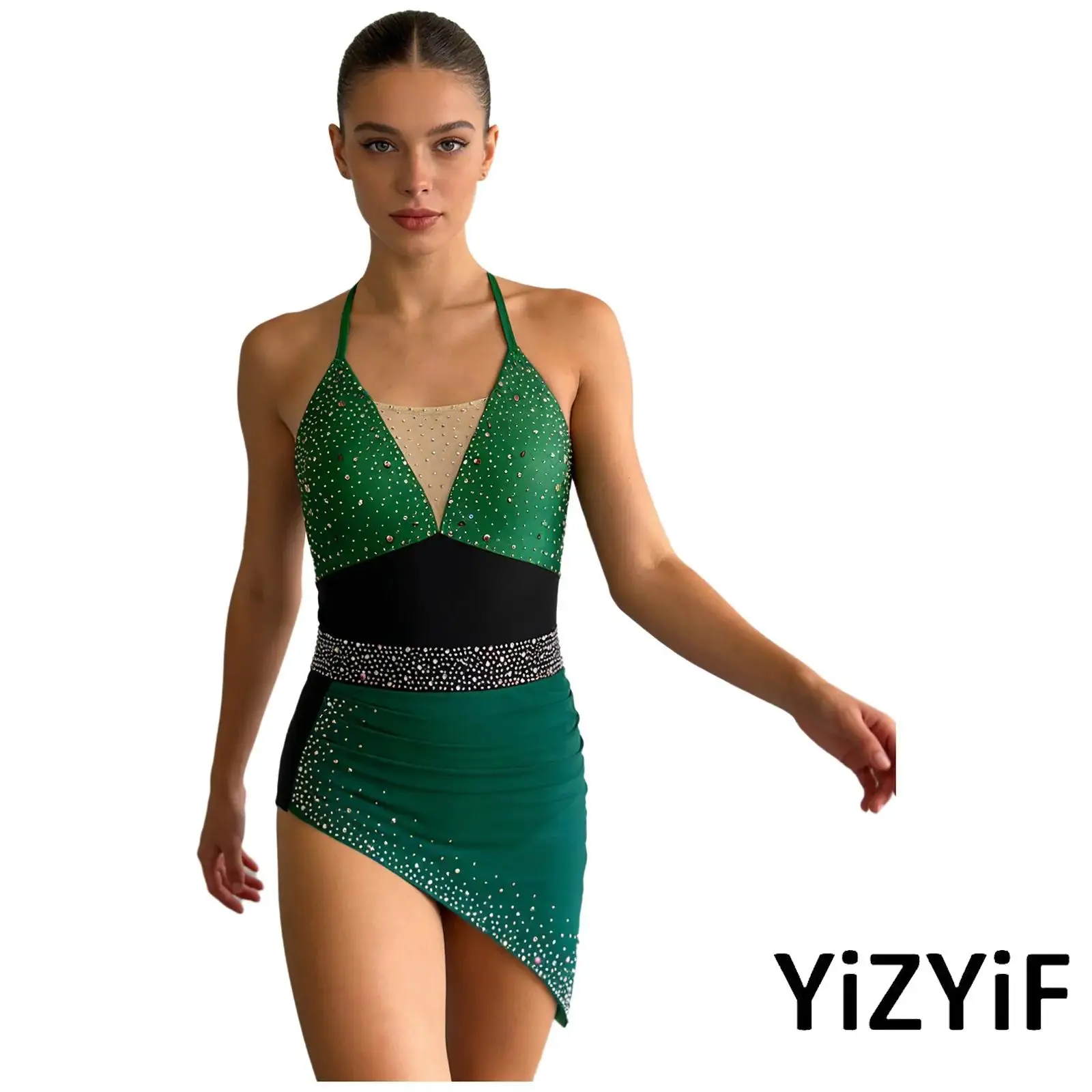 

Womens Ice Skating Dance Competition Leotard Jumpsuit Glittery Rhinestone Ruched Irregular Mesh Overlay Bodysuit for Latin Dance