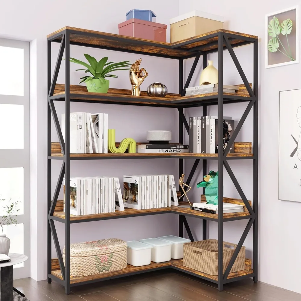 5 Tier Bookshelf with Plant Grow Lights, Convertible Corner Bookshelf, 70" Tall Bookcase, Wood Shelves with Metal Frame