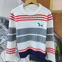 Women's puppy Embroidery Knitted Sweaters Autumn Striped Loose Top Pullovers Vintage Casual Jumper