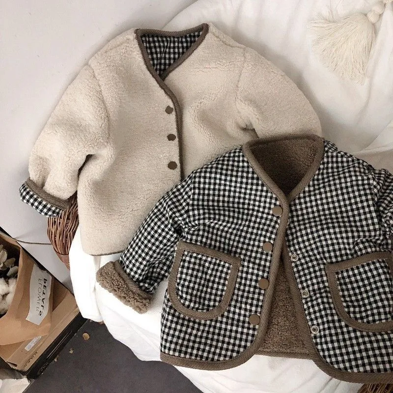 

New Autumn and Winter Warm Jacket Children Two Sides Wear Plaid Plush Jacket Kids Jackets Winter Clothes for Girls