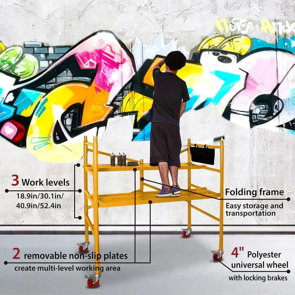 منصة سقالة 4 أقدام عالية السقالات المتنقلة سعة 770 رطل مع عجلات قفل، أصفر