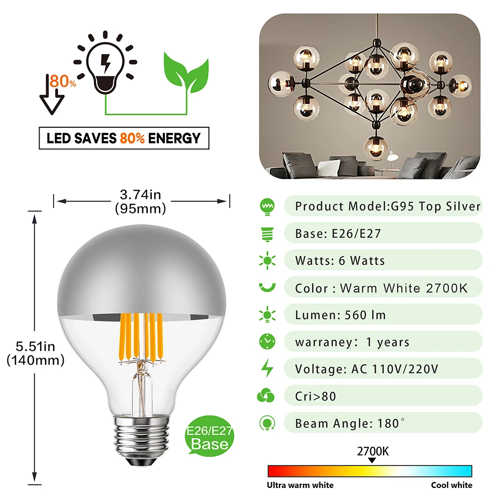 Imagem -03 - Edison Globo Lâmpada Noturna de Led Bulb E27 E26 Dimmable 110v 220v 4w 6w 8w Top Prata Quente Branco Espelho Luz Lâmpada do Teto Home Light 10 Pcs