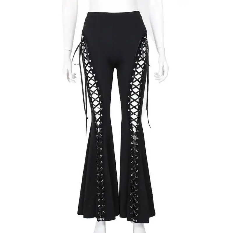 Pantalones de mujer, pantalones calados, novedad de verano 2021, pantalones acampanados a la moda urbana oscura para mujer, diseño de tiras con ojales sin forro