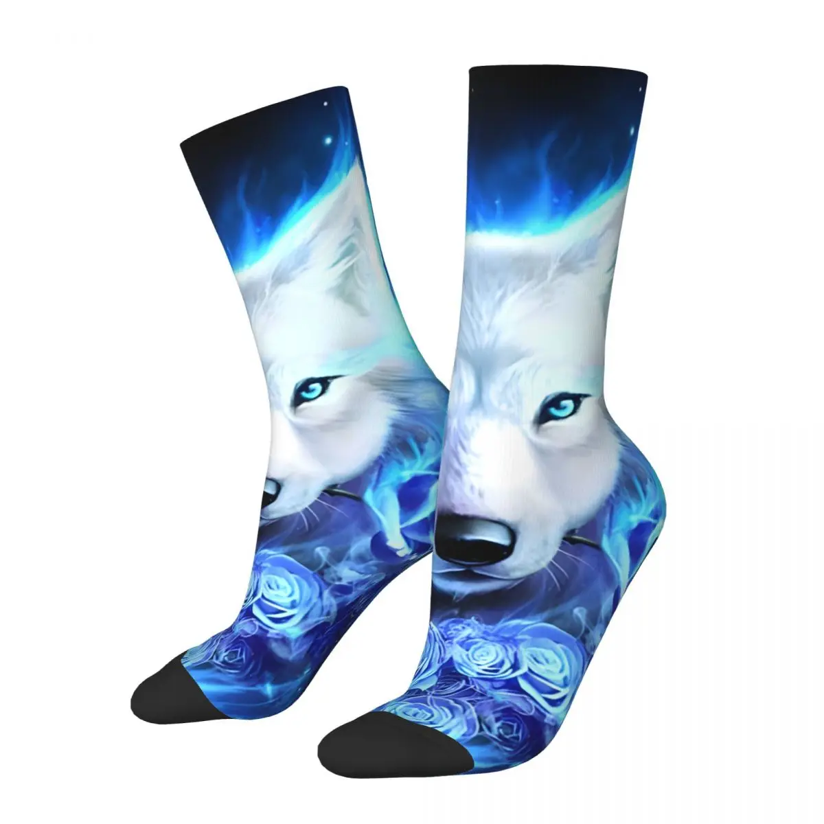 Funny Crazy Sock for Men White Rose WOLVES Hip Hop Harajuku Space Galaxy Wolf Happy Seamless Pattern Printed Boys Crew Sock