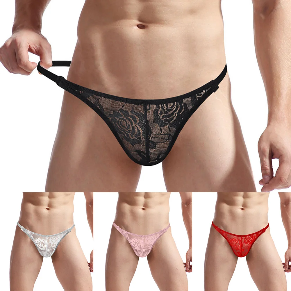 Men Sissy Lace G-string Sexy Pouch Transparent Panties T-back Mini Thong Solid Gay Bikini Briefs Elastic Erotic Lingerie