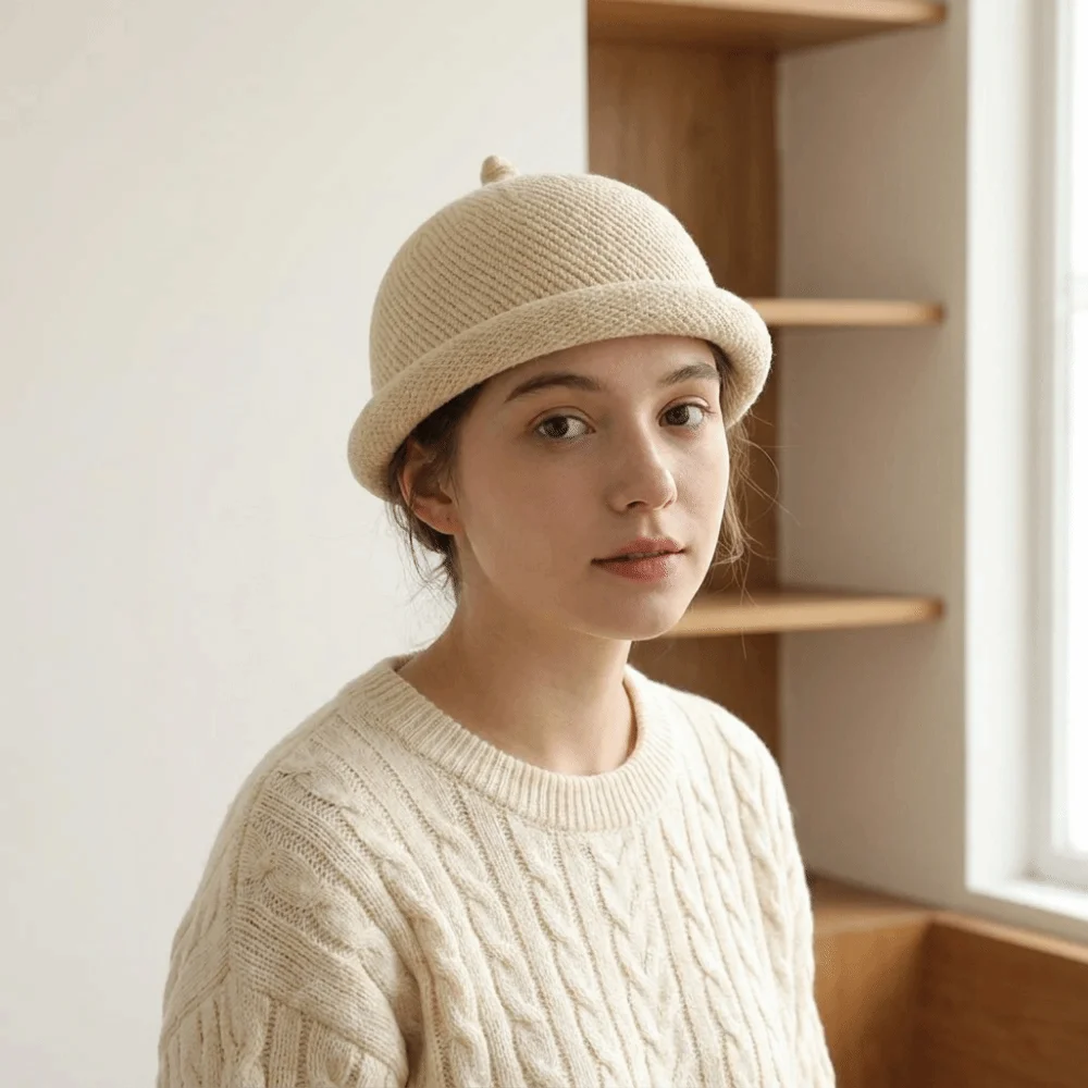 Casual Solid Color Melon Skin Hat Rolled Edge Knitted Painter Hat Keep Warm Multifunction Pacifier Cap Winter