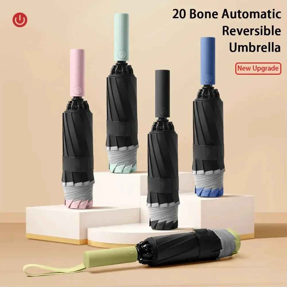 Reflective Umbrellas Reverse Three Fold 20 Bone Black Glue Automatic Sunshade Sunscreen Rain Umbrella Strong Wind Resistance