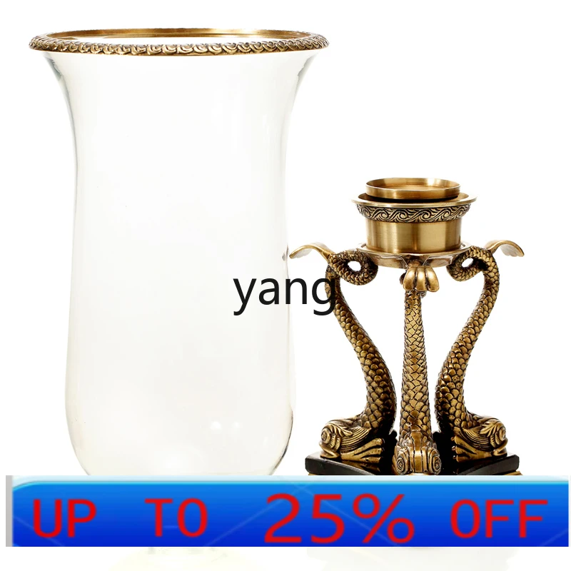 lmm  Glass Inlaid Copper Decorative Candlestick High-End Luxury Home Villa Creative Ornaments
