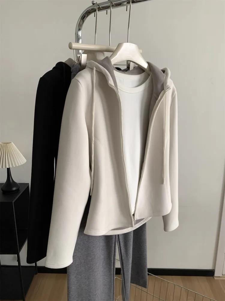 

Утепленная теплая толстовка из шелковой шерсти в корейском стиле для женщин, универсальная, стройнящая, с капюшоном, осень-зима, модель 26, открытая кофта