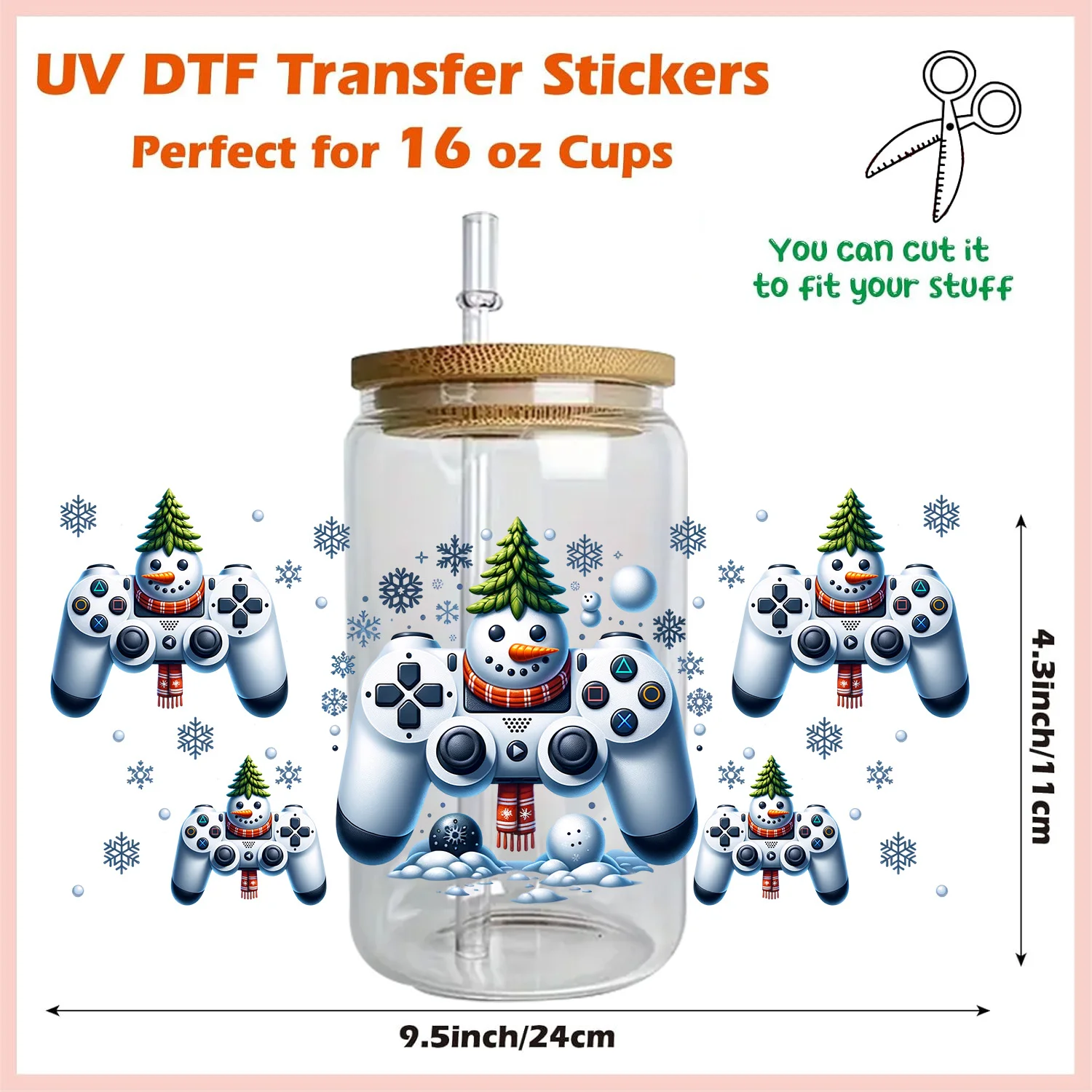 Game Controller Xmas Series UV DTF Transfers Sticker Cup Wrap for 16oz Libbey Glasses DIY Washable Mug 3D Sticker For Controller