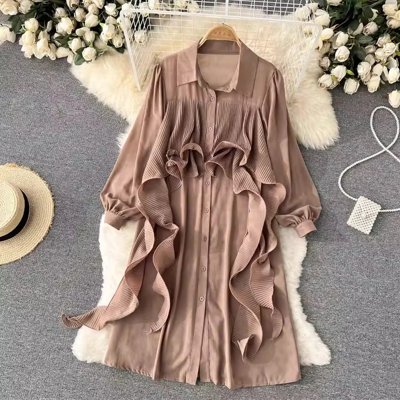 

Европейские и американские женские шифоновые рубашки больших размеров, женские дизайнерские нишевые плиссированные оборки, тонкие модные топы средней длины