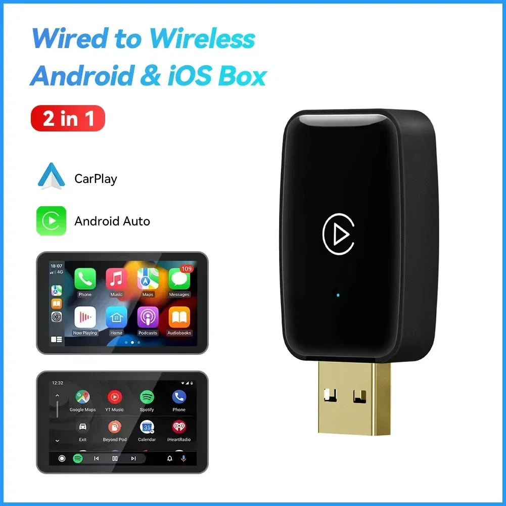 Mini 2 in 1 USB Wireless Carplay Adapter for Apple iOS Android Auto Smart Box Plug and Play USB TYPE-C Bluetooth 5.0 WIFI 5.8G