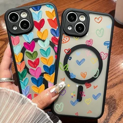 Colorful Love Heart Case For iPhone 16e 16 Pro 15 14 13 12 Pro Max 11 For Magsafe Wireless Charge Magnetic Matte Hard PC Cover