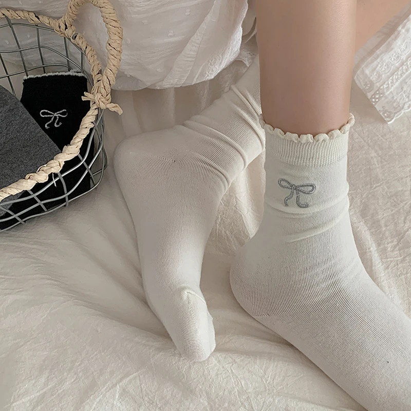 Women Bow Socks Korean Style Basic Cute Socks Bow Breathable Thin Spring White Lace Short Crew Sock Casual Simple Koran Socks