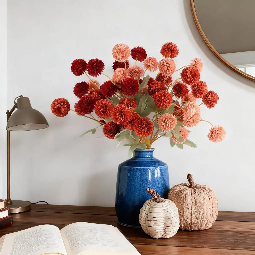 

12 Pcs Realistic - DIY-Friendly Fall Floral Decor for Home, and Events - Burgundy, Burnt Orange, Deep Peach Pom Pom Mums