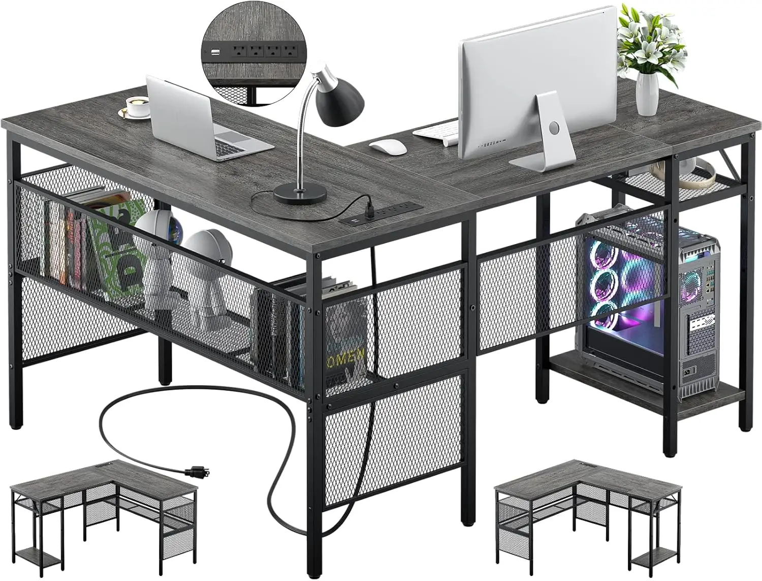 L Shaped Computer Desk with USB Charging Port and Power Outlet, Reversible Corner Desk with Storage Shelves