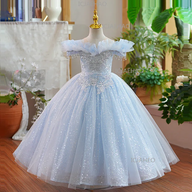 

Kids Vintage Evening Dress Girls Princess Gown Model Runway Birthday Banquet Little Host Piano Blue Performance Costume