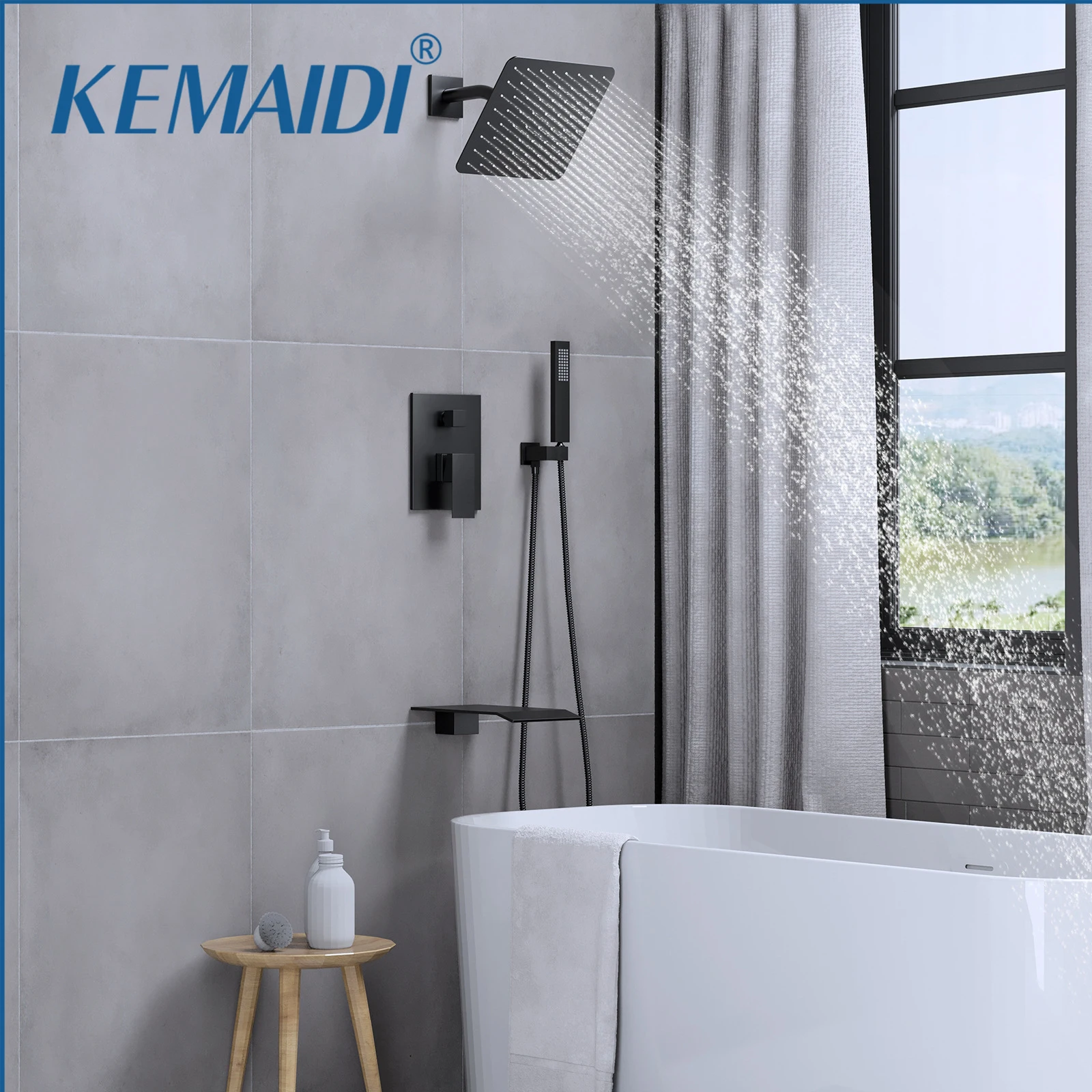 KEMAIDI حوض الاستحمام دش صنبور مجموعة 10 بوصة نظام الدش 3 وظيفة الأسود جدار جبل الحمام ارتفاع ضغط رأس دش المطر #1