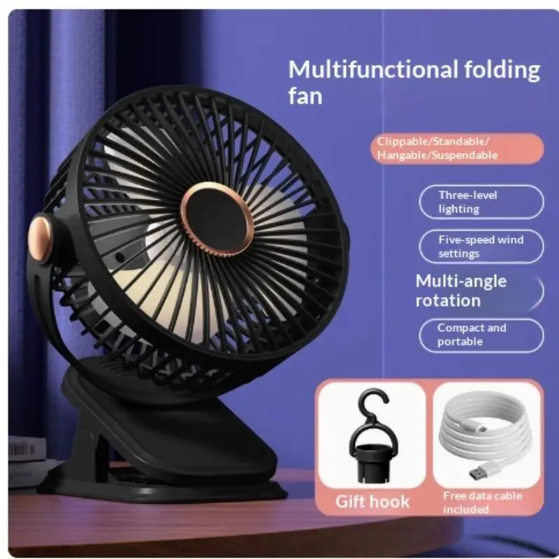 Portable Multifunctional Folding Clip Fan With 5 Wind Speeds 3 Level Lighting Perfect For Home Desk Office Camping Travel