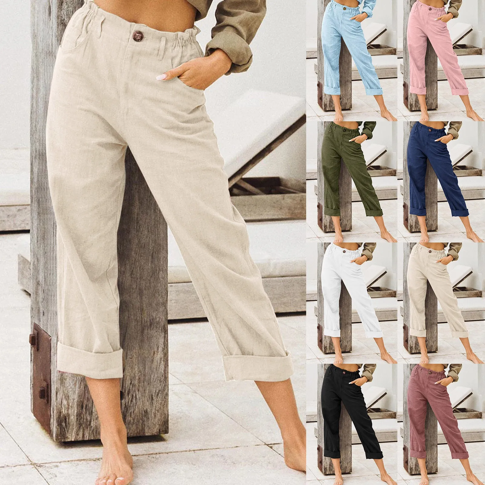 Womens Trousers Back Pants Elastic Waist Linen Pants Casual Pants With Pocket Trousers Basic Daily Casual