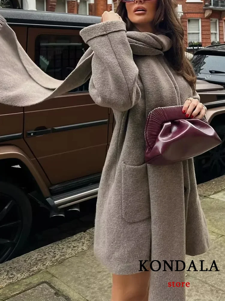 KONDALA Casual Vintage Chic Women Overcoat Solid Scarf Collar Pockets Single Breasted Loose Coat Fashion 2024 Autumn Winter Coat