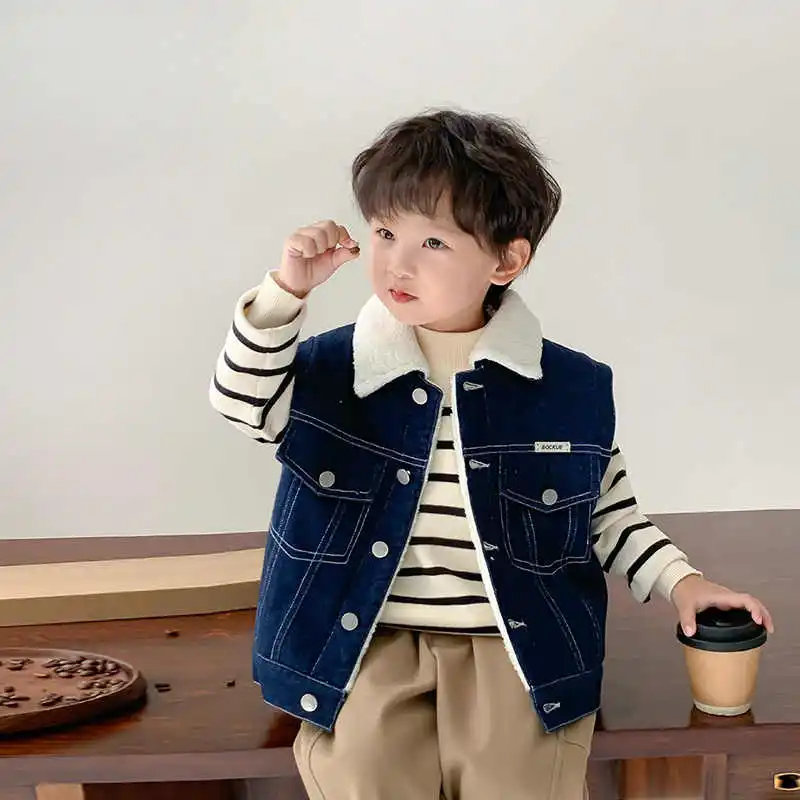 

Fashion Baby Boys Denim Vest Autumn Winter Turn Down Collar Sleeveless Fleece Lining Thick Warm Waistcoat Boys Clothing