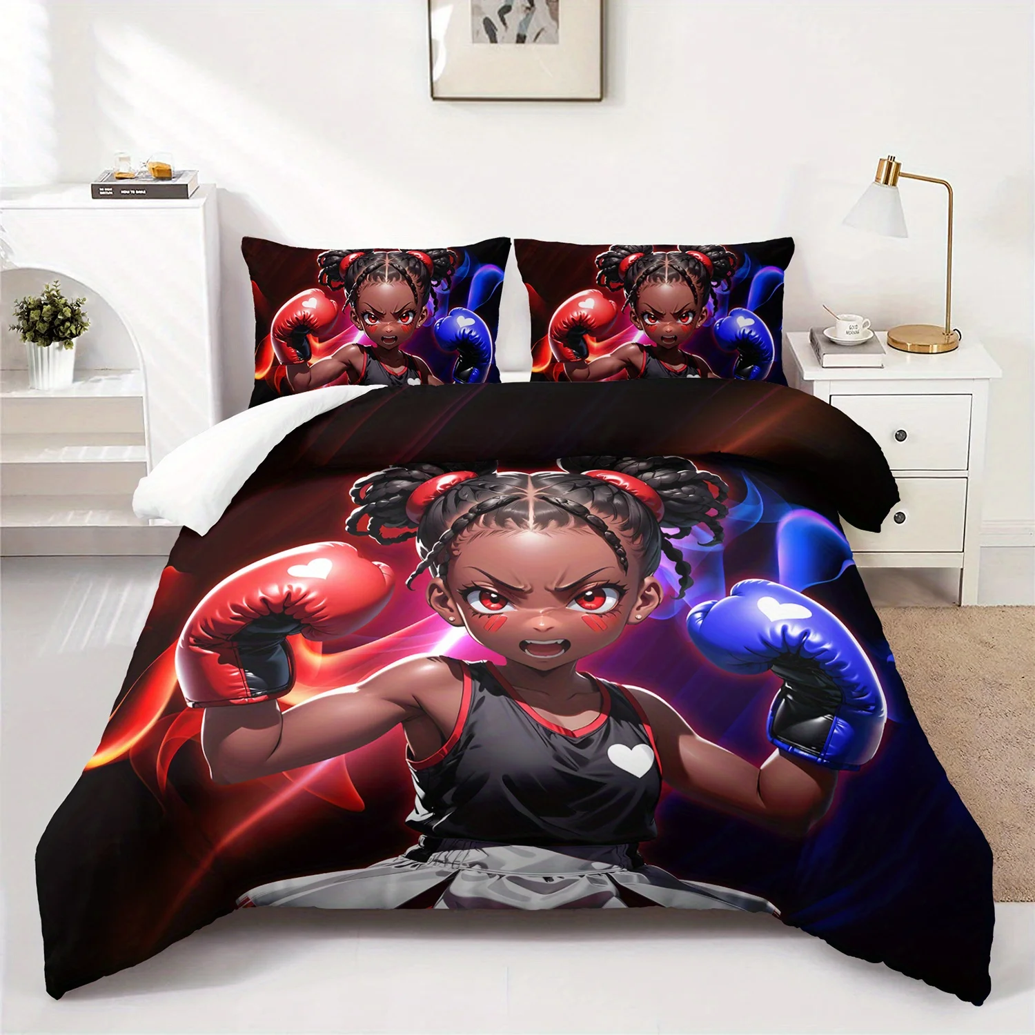 3pcs Anime Girl Boxer Duvet Cover Set Black Girl Bedding Set Teen Girl Bedroom Decor Four Seasons (1Duvet Cover + 2Pillowcases