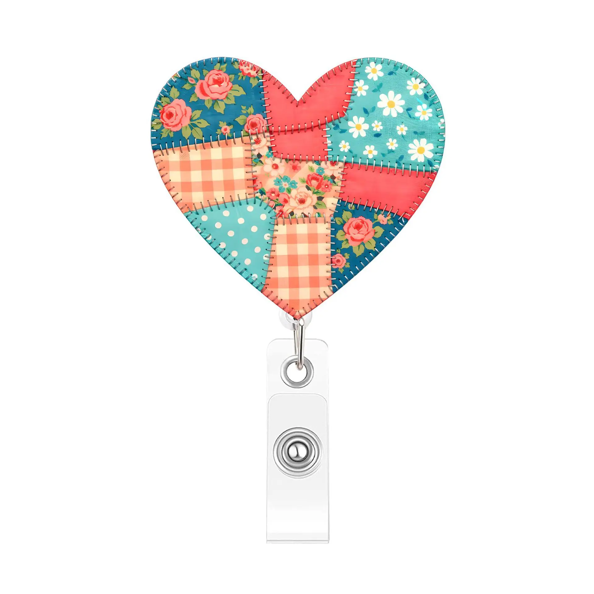 Heart Shape Patchwork Badge Reel Holder Cute Floral Print Retractable ID Badge Clip for Nurse Doctor Teacher Office Gifts