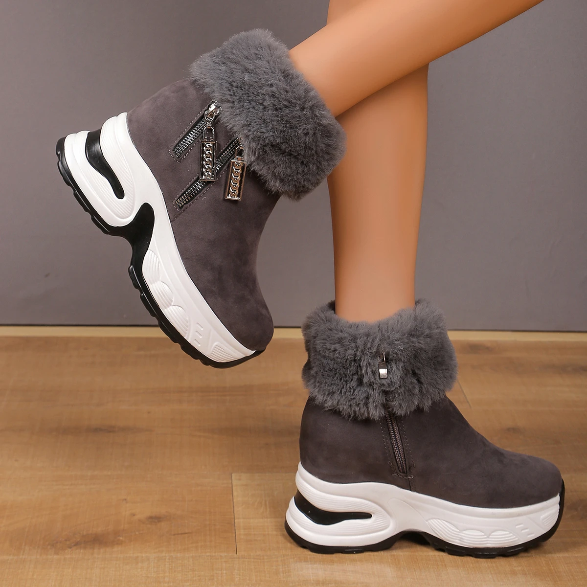 Women Wedge Boots Luxury Plus Plush Warm Snow Boots 2024 Winter New Fuzzing Increasing Sneakers Zipper Women\'s Platform Shoes