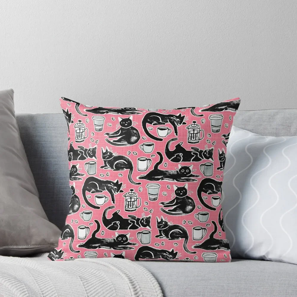 

Black Cats & Coffee on Strawberry Pink Throw Pillow Cushions Home Decor pillow cover christmas Luxury Pillow Case