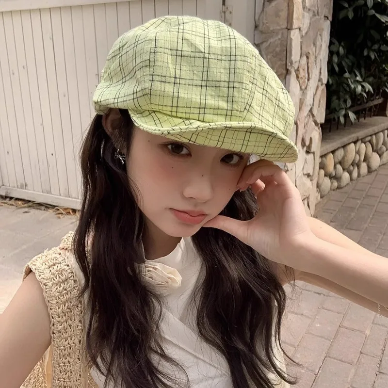 

Spring and Summer New Korean Literary Plaid Beret Spring and Summer Light and Casual Simple Octagonal Painter Hat for Women's