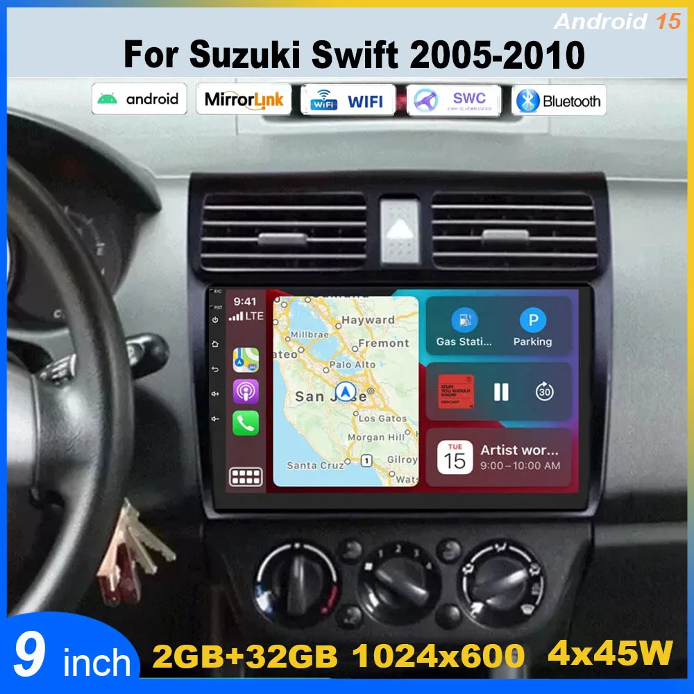 Radio Android 15 para Auto de 10 Pulgadas con Carplay+ Android Auto/2+32G Navegación para Suzuki Swift 2005-2010 Mirror Link + Cámara de Reversa de 4 Leds