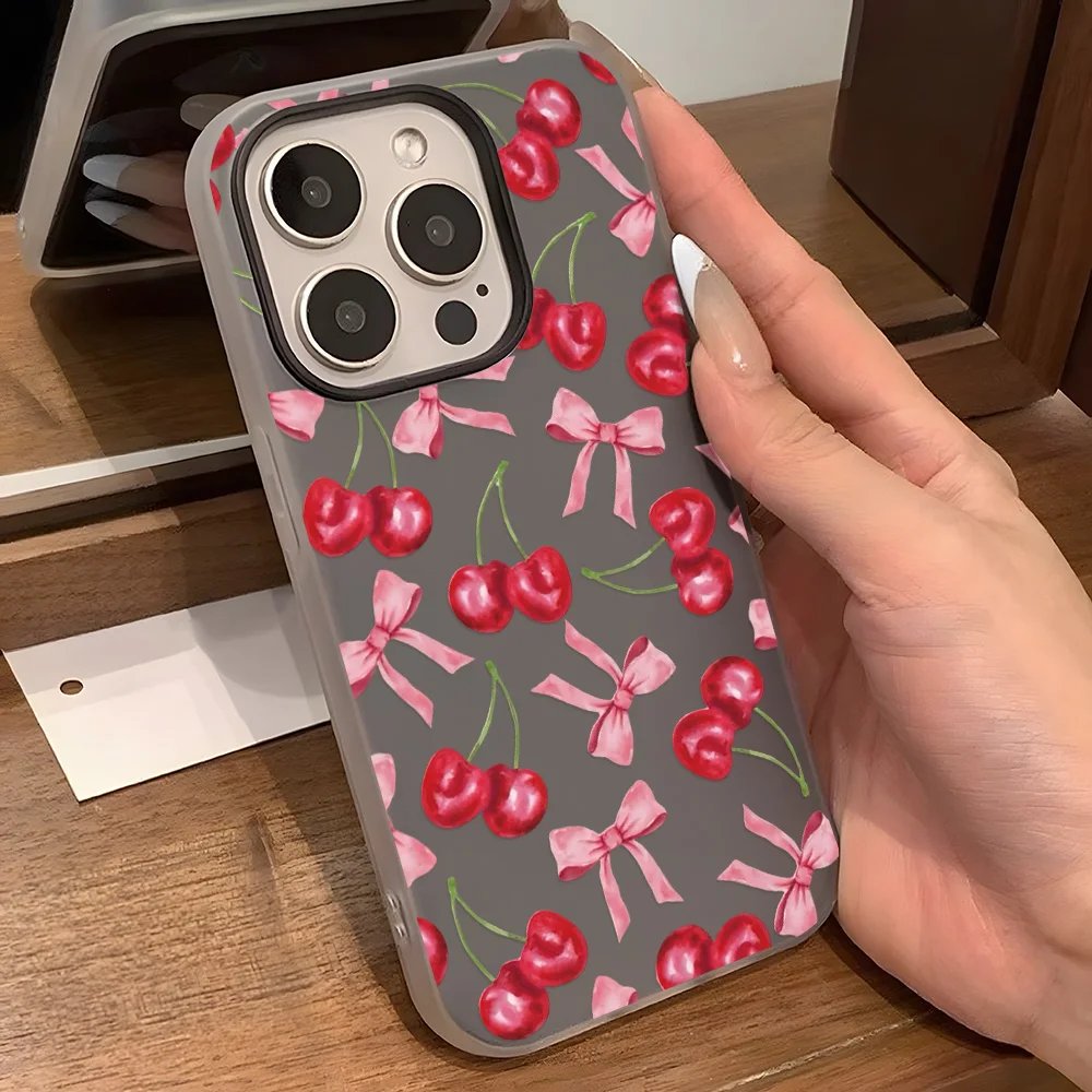 Luxury Fashion Phone Case For iPhone 18 Pro Max 17 16 15 14 13 12 Pro Max 11 Cherry Bow Print Anti-Scratch Soft Protective Cover