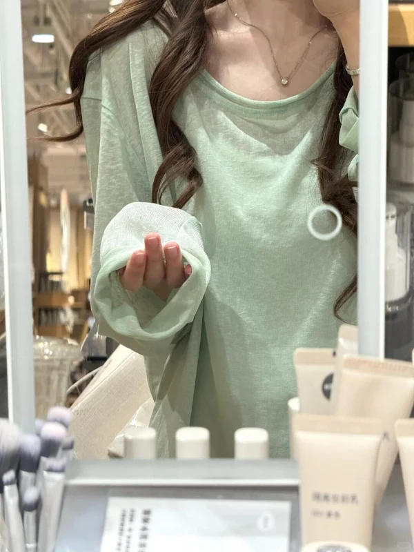 Loose Long Sleeve T-Shirt Green Roll  UV Protection Base Layer Slimming Early Autumn Textured Women's Fashion Commute Style