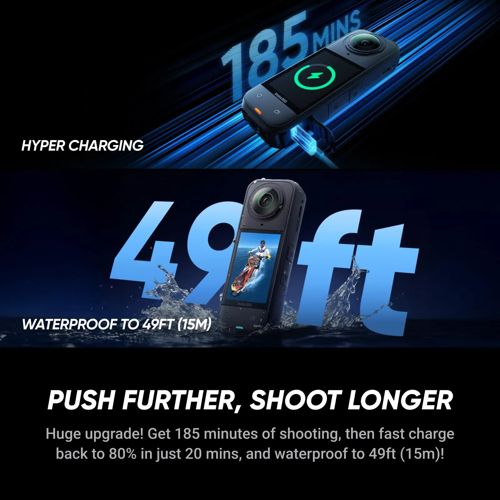 Insta360 X5 - مقاوم للماء 8K 360 °   كاميرا الحركة، إضاءة منخفضة رائدة، 3 ساعات، بطارية بتصميم شريحة AI ثلاثية،