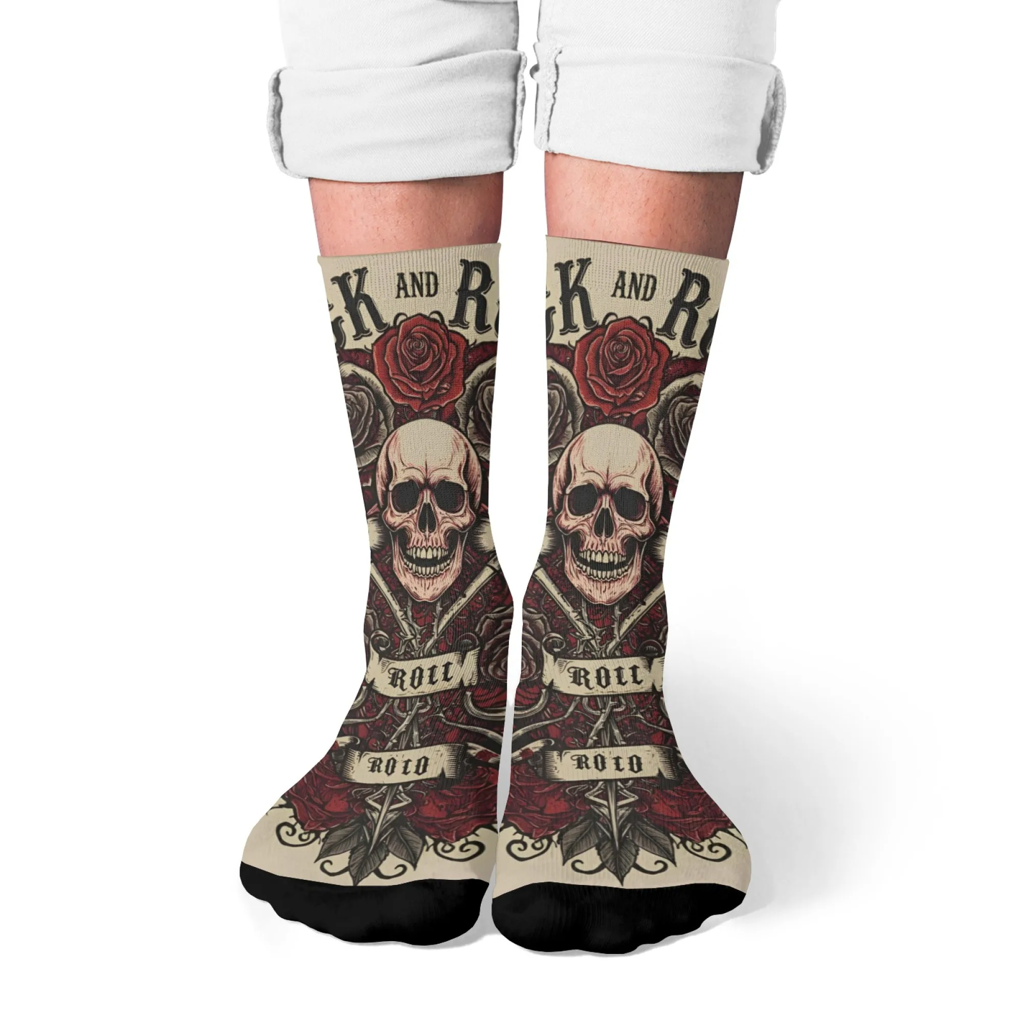 Punk Rose Skull Socks Comfortable Stretchy Lightweight Men's Socks Sports Casual Hiking Fun Party Crazy Rock Roll Graphic Socks